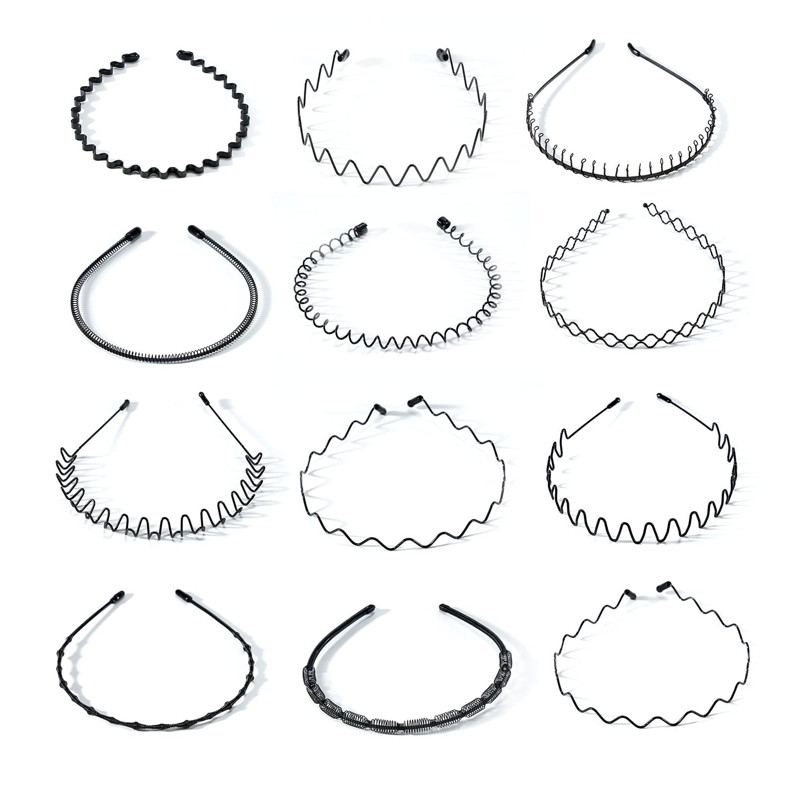 ChouchouClip Pack of 12 Metal Hair Bands, Wave Headband Men Women with Non-Slip Teeth, Black Non-Slip Elastic Fashion Headband Hair Styling Accessories for Sports, Fitness, Daily Makeup (Black)