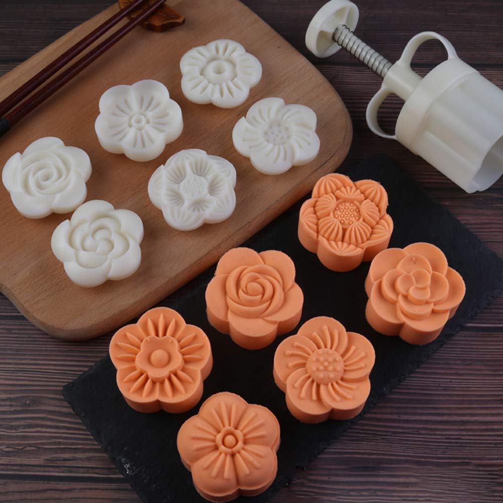 Ylskmu Cookie Stamp 6pcs 75g Moon Cake Mold Set, Thickness Adjustable Mid Autumn Festival DIY Hand Press Cookie Cutter Dessert Pastry Decoration Tool Moon cake Maker