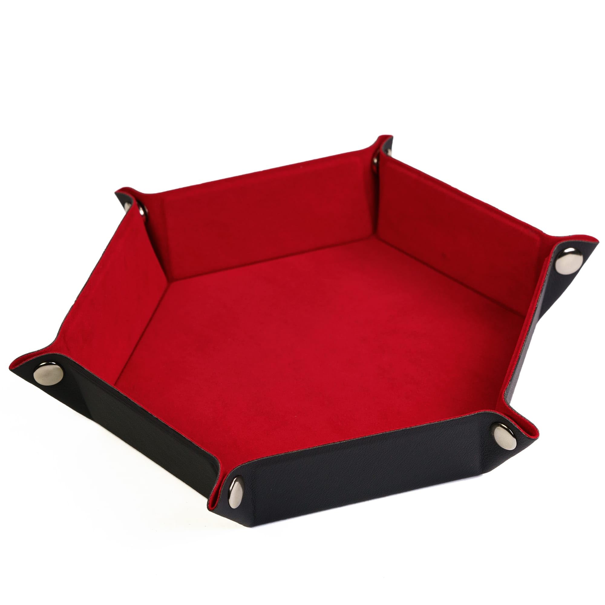 cusdie Dice Tray Folding Hexagon Dice Tray Leather and Velvet Dice Holder for DND Dice Game Table Games (Red)