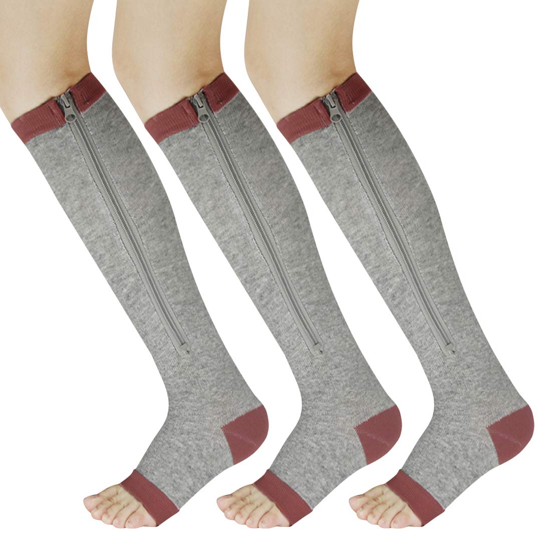 Easy On Zip compression Socks For Men Women With Toe Open Design Zipper Leg Support Knee-High Stockings, Grey, L/XL