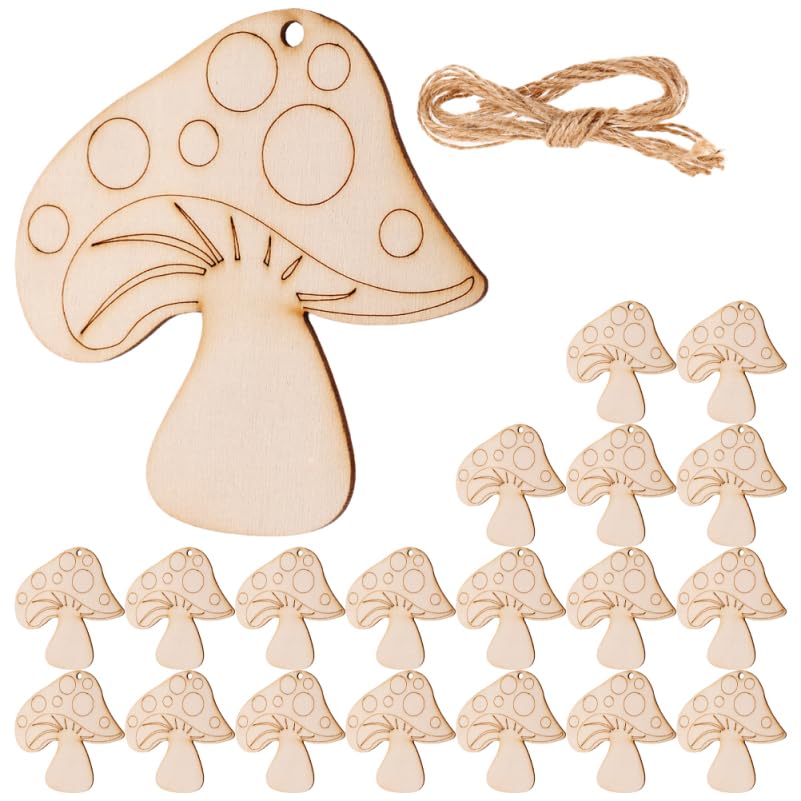 Tofficu 20 Pcs Unfinished Wooden Mushroom Slices 3.15 X 3.03 Inch with Hemp Ropes for DIY Crafts Home Hanging Decorations Valentine Ornaments
