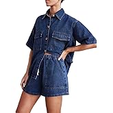 Molilove Women's Denim 2 Piece Outfits Short Sleeve Button Down Shirt Drawstring Shorts Set Casual Jean Outfits Two Piece Set