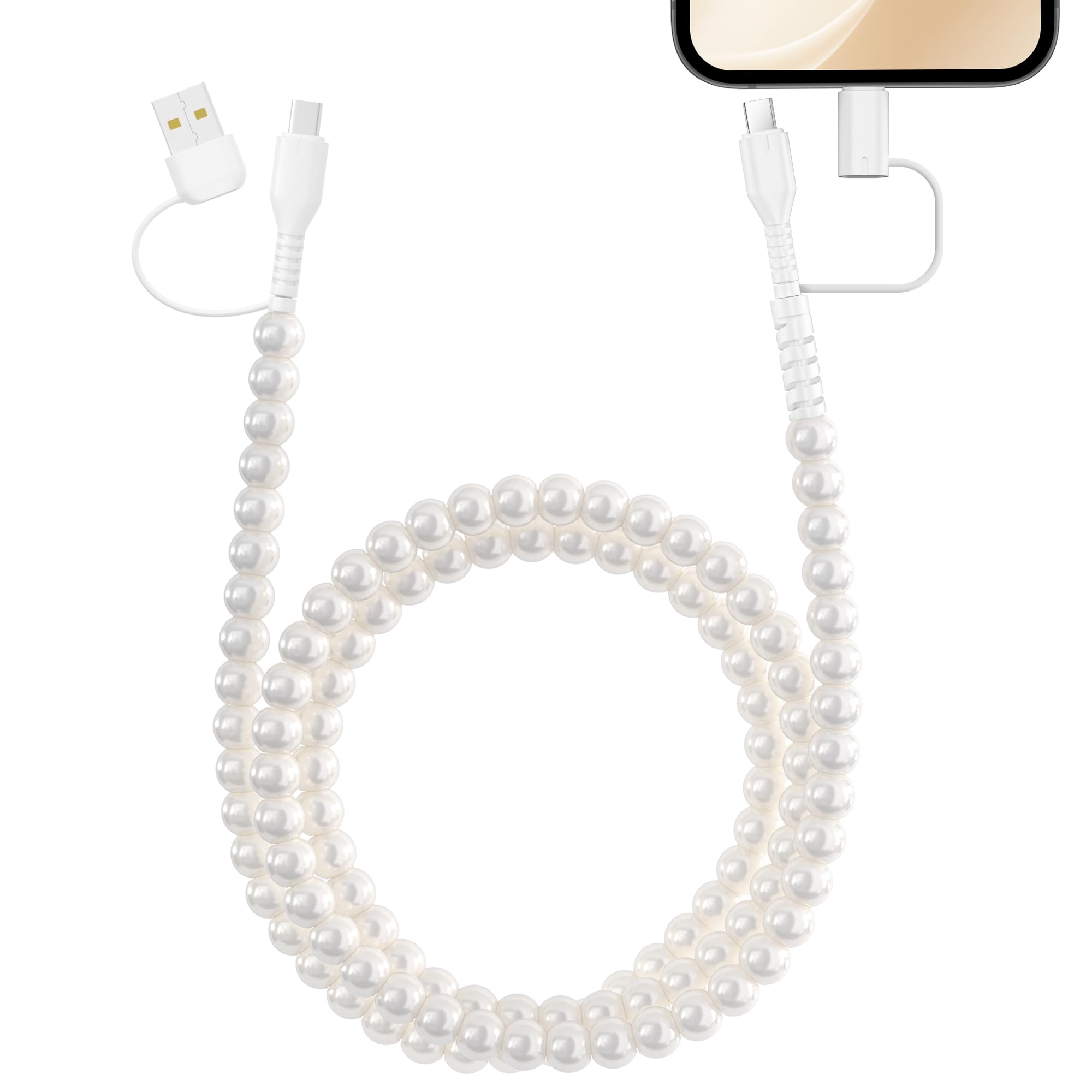 Photo 1 of 4 in 1 USB C Cable 3FT Beaded Multi Charging Cable [MFi Certified] Pearl iPhone Charger Cord USB A/Type C to Type C/iPhone Multi Fast Charger Cable for iPhone 17 16 15 14 Pro Max, for Galaxy S25 S24