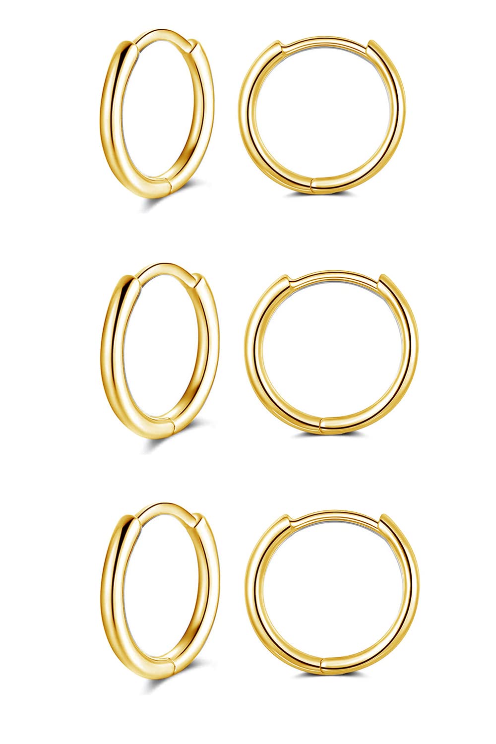 GULICX 10mm Silver 14K Gold Hoop Earrings Set for Women Men Girls, 3 Pairs Hypoallergenic 925 Sterling Silver Unisex Small Helix Cartilage Tragus Sleeper Hoops Huggie Hinged Earrings for Teens Gift