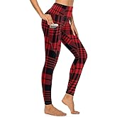 QIVICIMA Womens High Waist Workout Leggings Halloween Christmas Gym Plaid Printed Tummy Control Yoga Pants with Pockets