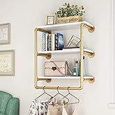 HOMEKAYT 24" Industrial Pipe Shelving, Floating Wall Shelves 3 Tier Gold Shelves with Haning Rod Multiple Use for Kitchen, Bedroom,Living Room,Bathroom
