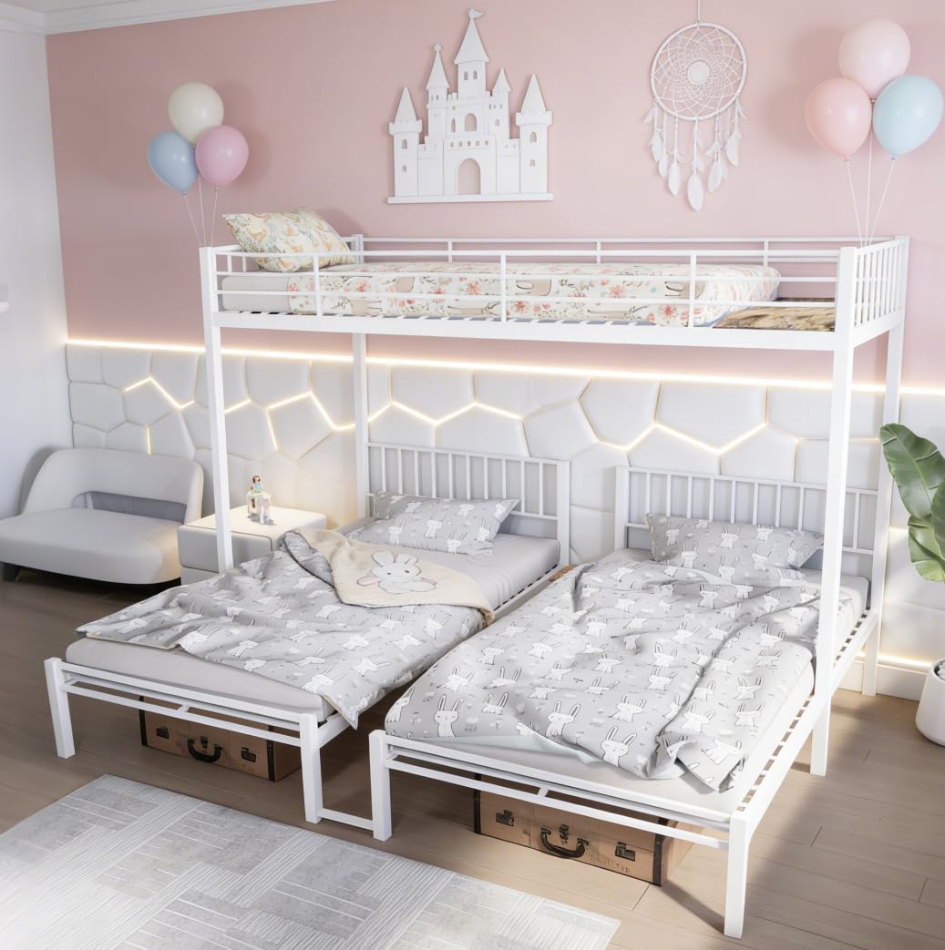 Photo 1 of Bellemave Triple Bunk beds for Kids, Twin Over Twin XL Metal Bunk Beds for 3 Kids, Adults, Teens,3 bunk beds?Heavy Metal, White?