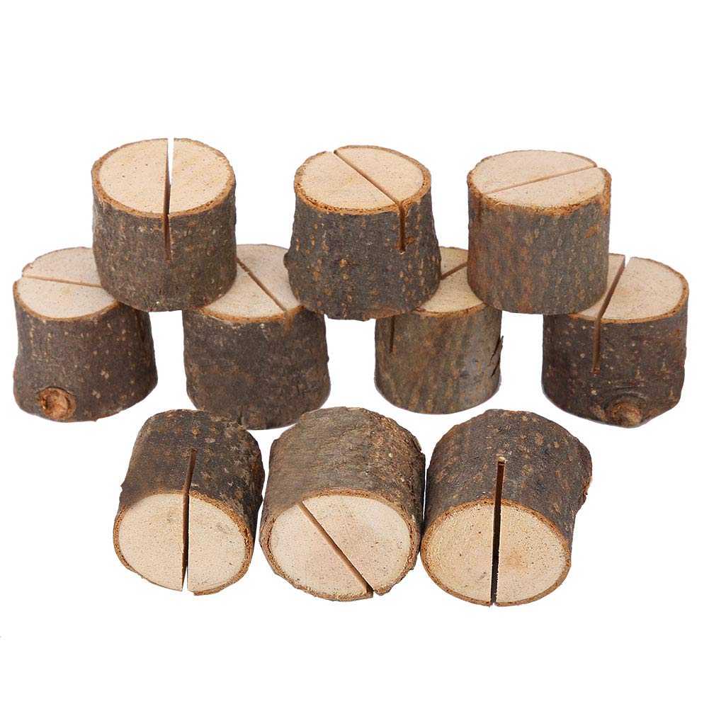 10pcs Wood Place Card Holders, Wood Photo Holders Stump Shape Wedding Party Place Card Holder Picture Stand Number Table Clip Table Place Cards