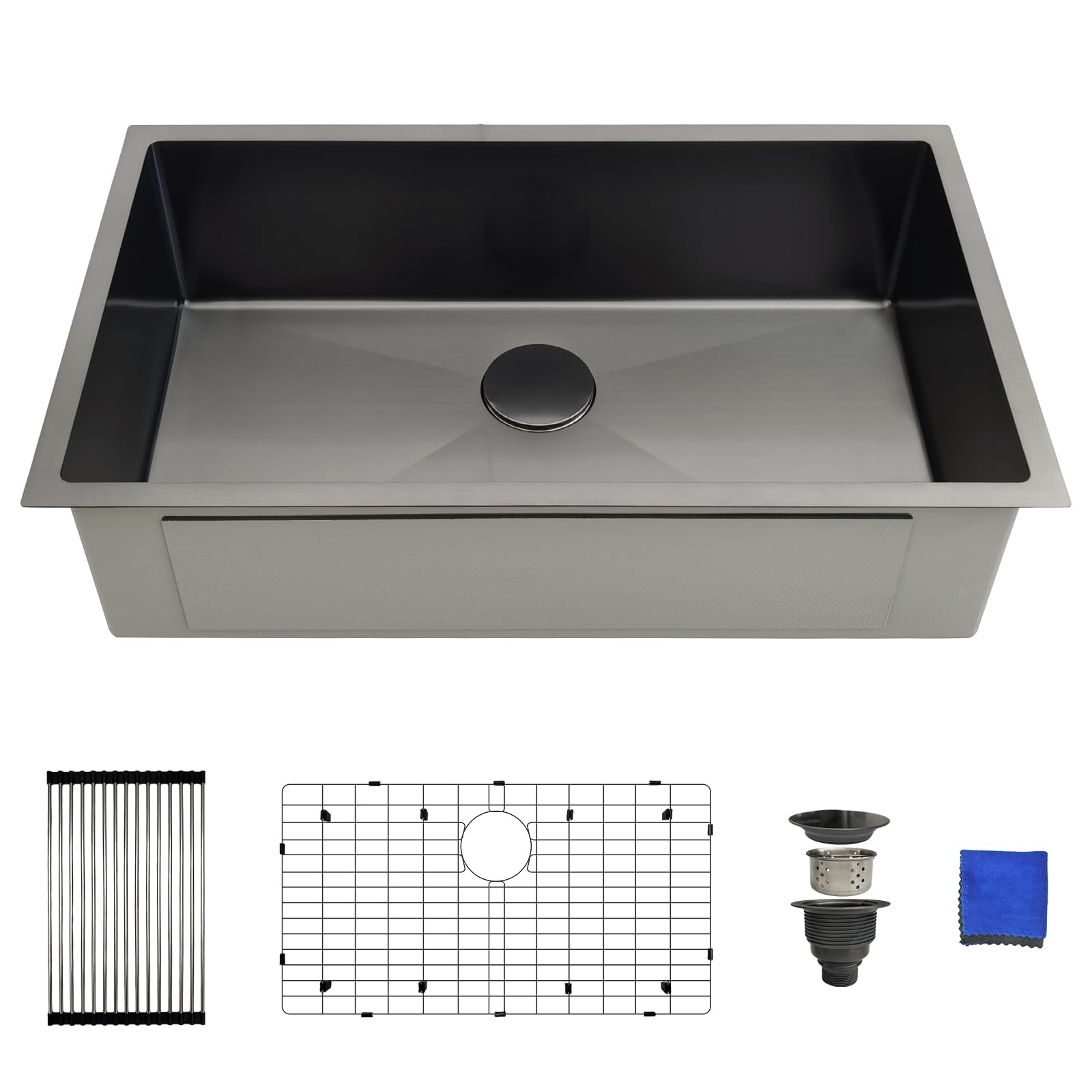 Photo 1 of 32 Inch Black Kitchen Sink Undermount - Delironexu Undermount Kitchen Sink Black, 16 Gauge Stainless Steel Sinks Single Bowl, 32''x19'' black Stainless Steel sink with 4 Accessories