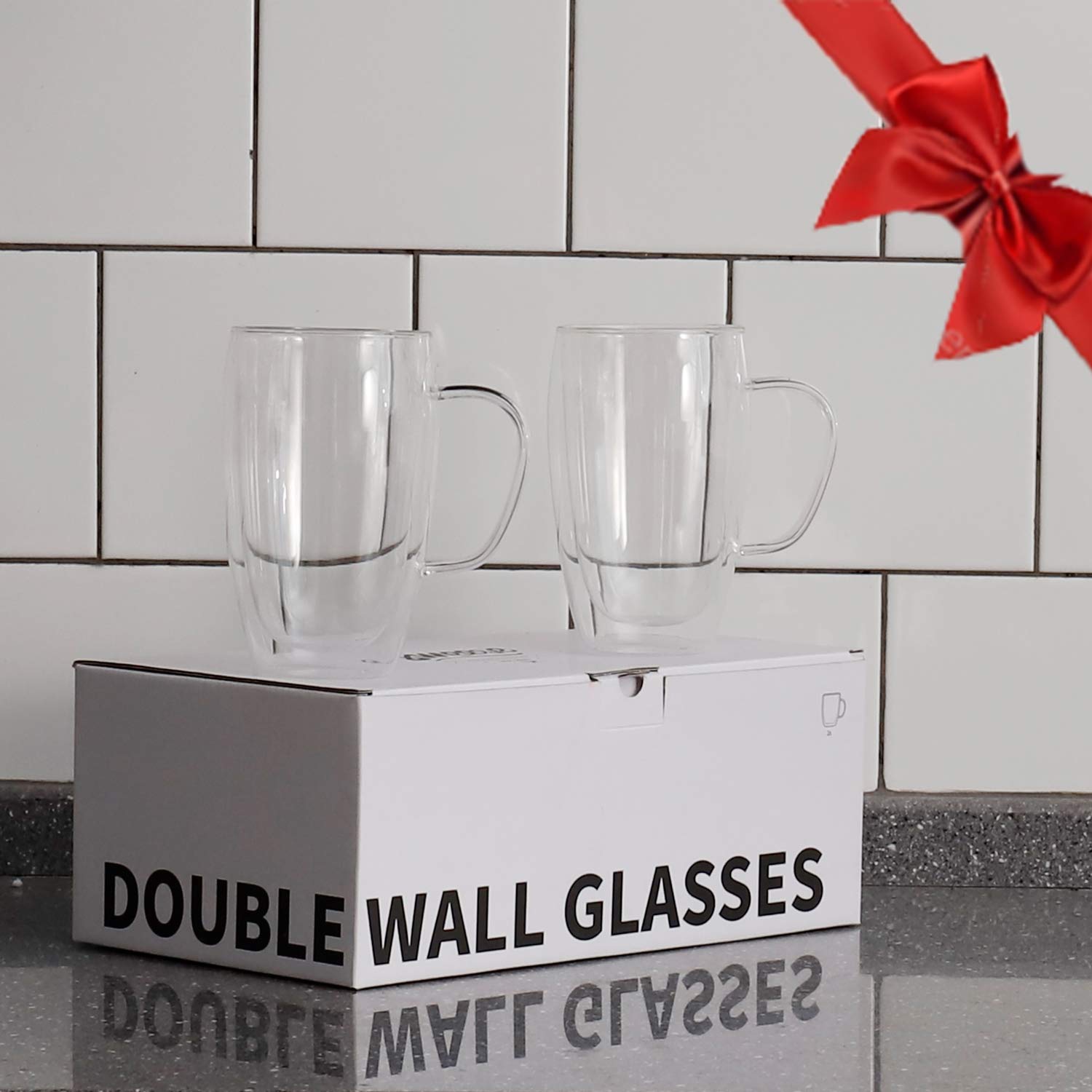 Sweese 4612 Glass Coffee Mugs Set of 2 - Double Wall Tall Insulated Tea Cup with Handle Glassware, Perfect for Cappuccino, Latte, Macchiato, Tea, Juice, Iced Beverages, 15 oz