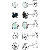 Jstyle Surgical Steel Earrings for Women Men Hypoallergenic Stud Earrings for Sensitive Ears Flat Back Earrings Stud 20G Stainless Steel Cartilage Earring Opal CZ Small Flatback Stud Earrings Women