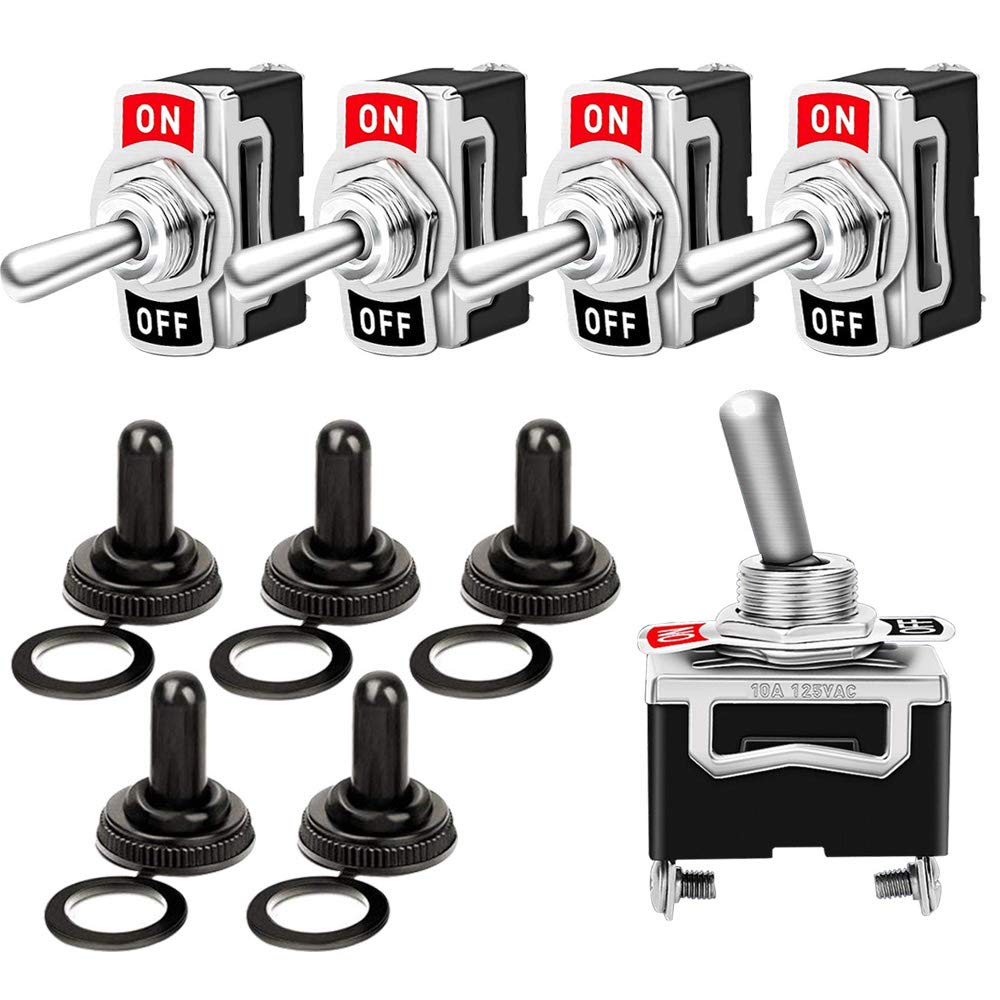 QitinDasen 5Pcs Premium Car Toggle Switch with Waterproof Cover, ON-OFF 2 Position 2 Pins SPST Auto Rocker Switch, Metal Mini Rocker Toggle Switch, for Car Truck Boat (6A 250VAC / 10A 125VAC)