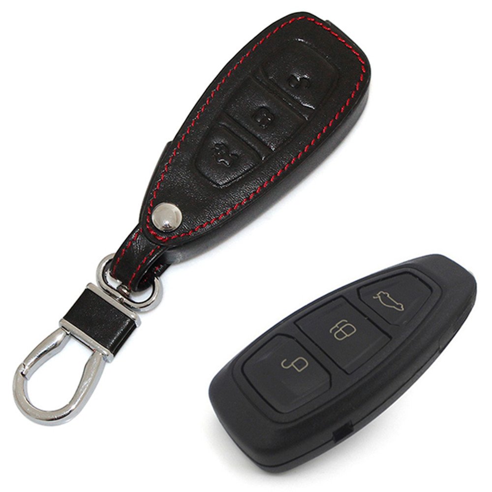Happyit Leather Keychain, Key Cover for Ford Focus MK3 MK4 Kuga Escape Ecosport, 3 Buttons Remote Control (Black)