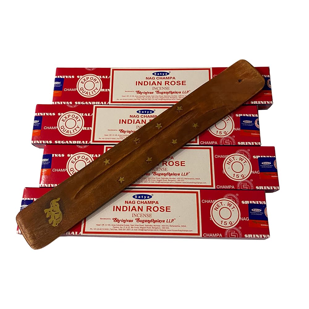 VIE Satya Incense Sticks, 4 Packs x 15g, with Incense Holder, Indian Rose