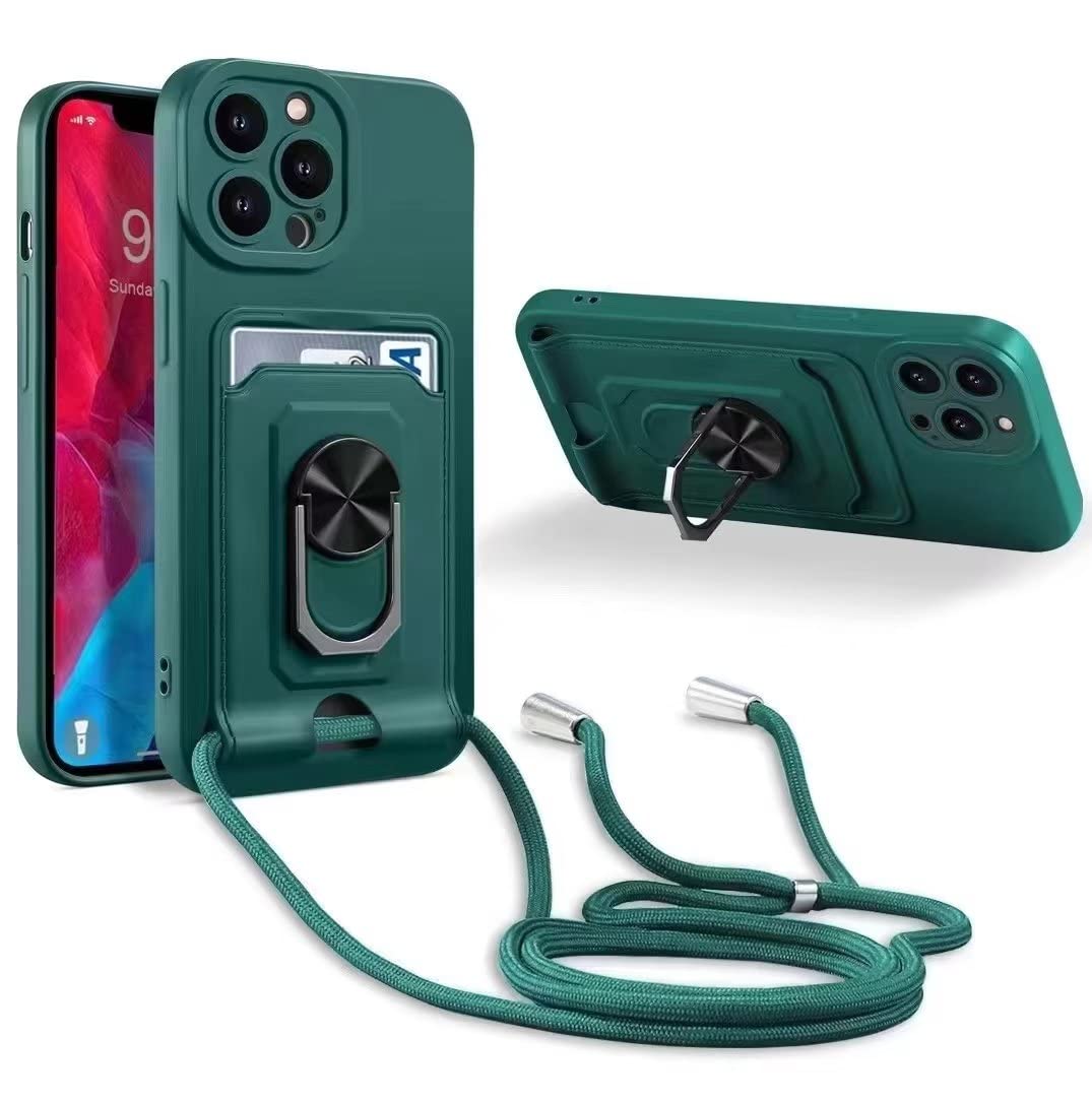 SLWYF Crossbody Case for iPhone 14 Plus Cover, Silicone Card Holder Phone Cover with Adjustable Necklace Strap Cord Lanyard Shockproof Protective Case (Green)