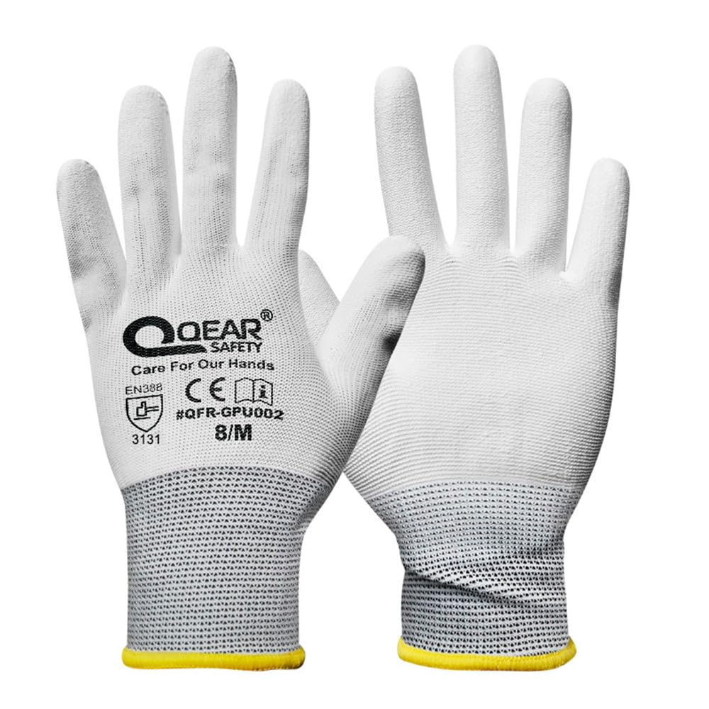 QEARSAFETY 12 Pairs White Thin PU Palm Coated Work Safety Gloves, Knitted Liner, Multi-Function, Light-Weight, Sensibility, Breathable, Grip, General Purpose Job Handling (8/M, white)