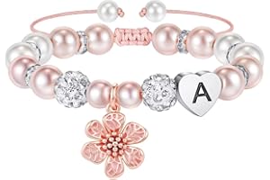 MONOOC Stocking Stuffers for Girls Kids - Initial Flower Charm Bracelets for Girls, Adjustable Pearl and Rhinestone Beaded Bracelet Heart Initial Bracelets Jewelry for Flower Girl Gifts Birthday Gifts