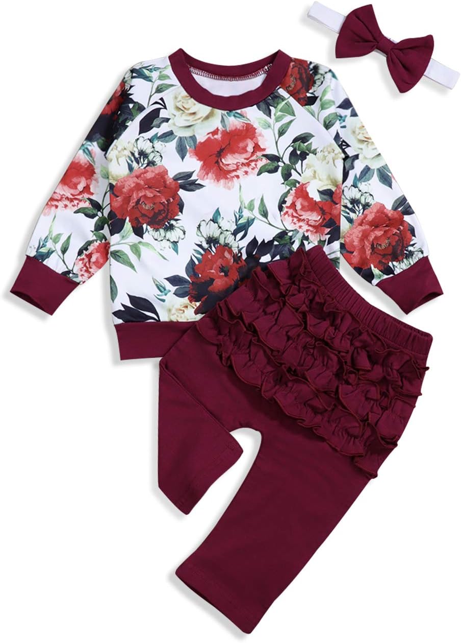 Newborn Toddler Baby Girls Clothes Floral Long Sleeve Top + Flower Pants + Headband 3PCS Set
