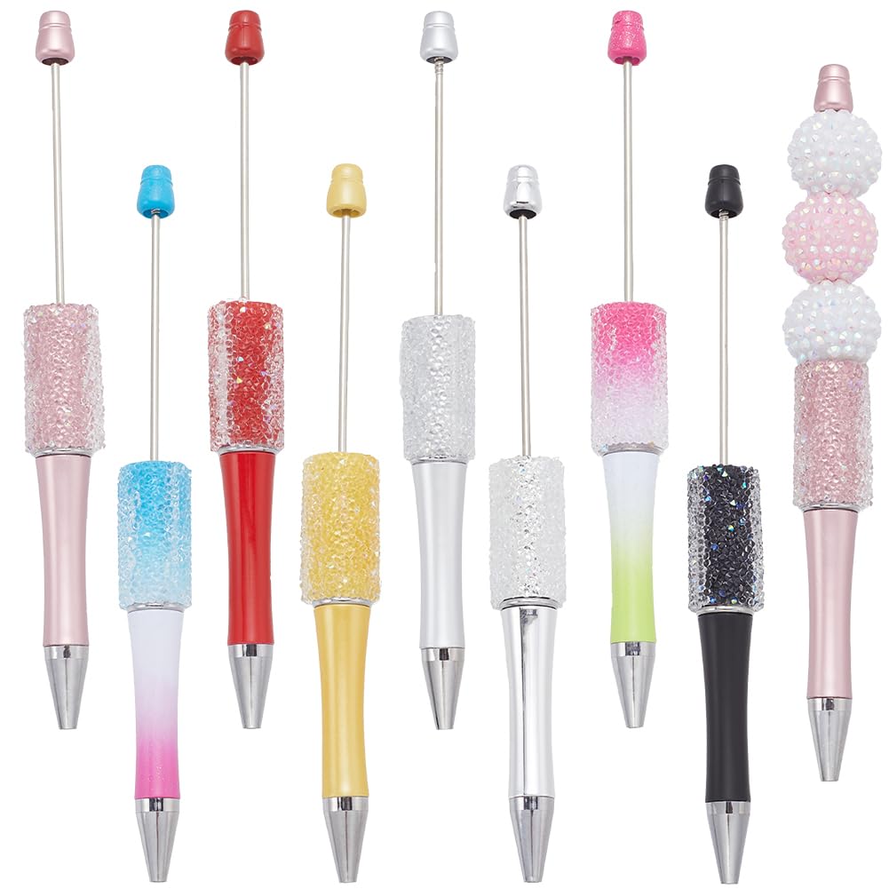 SUNNYCLUE 8Pcs Colorful Beadable Pens Plastic Bead Pen Bulk Assorted Bling Diamond Rhinestone Beaded Ballpoint Retractable Creative Gem Beads Pens Set for Making DIY Crafts Gift School Office Supplies
