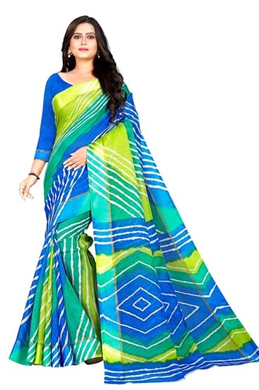 Womens Kora Silk Leheriya Saree With Blouse Piece(shibouri-09,Blue Green)