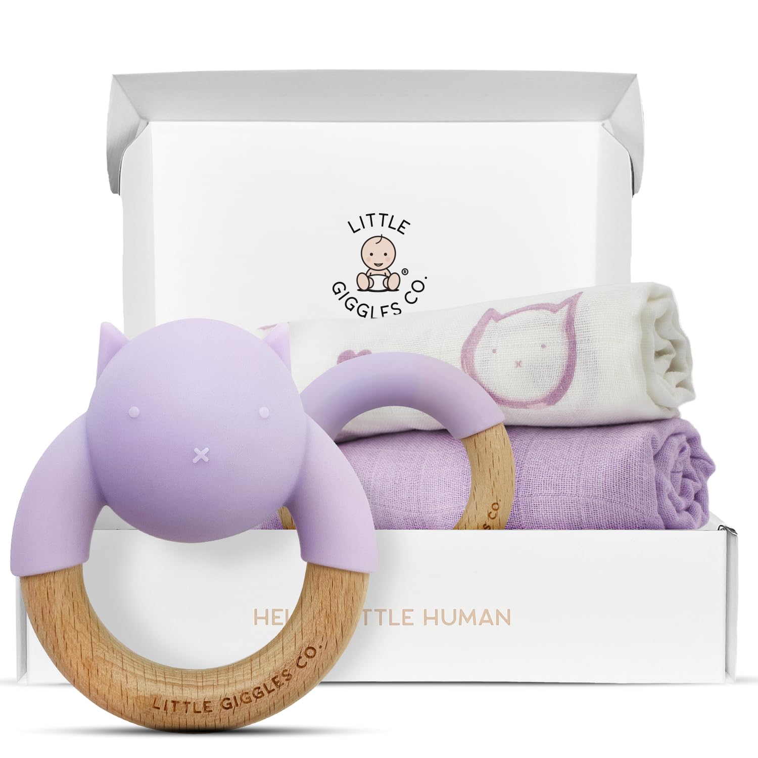 Little Giggles Co.® Girl Teething Toys & Large Muslin Cloths Set - Sensory Play Rattle, Soothing Teether Ring, Cotton Muslins - Newborn Essentials &