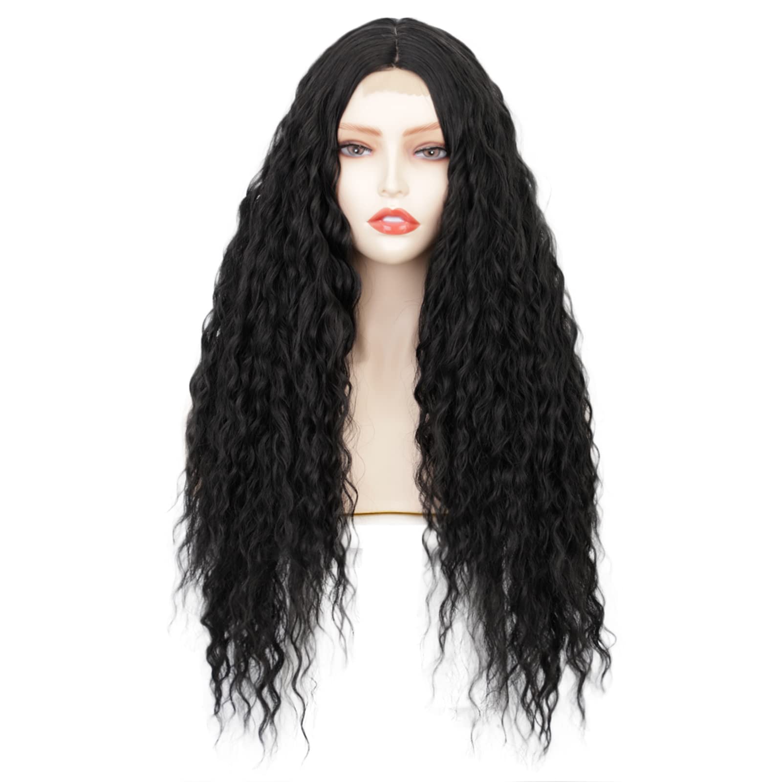 Luovce Synthetic Wigs For Women 24 inches Long Curly Small-Part-Lace Front Wigs Black Color #1B