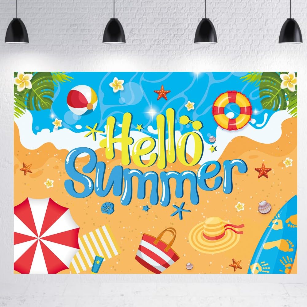 LTDKAEN 7×5Ft Hello Summer Photography Backdrop Summer Luau Beach Fiesta Photo Decoration Blue Sea Sky Hawaii Tropical Background