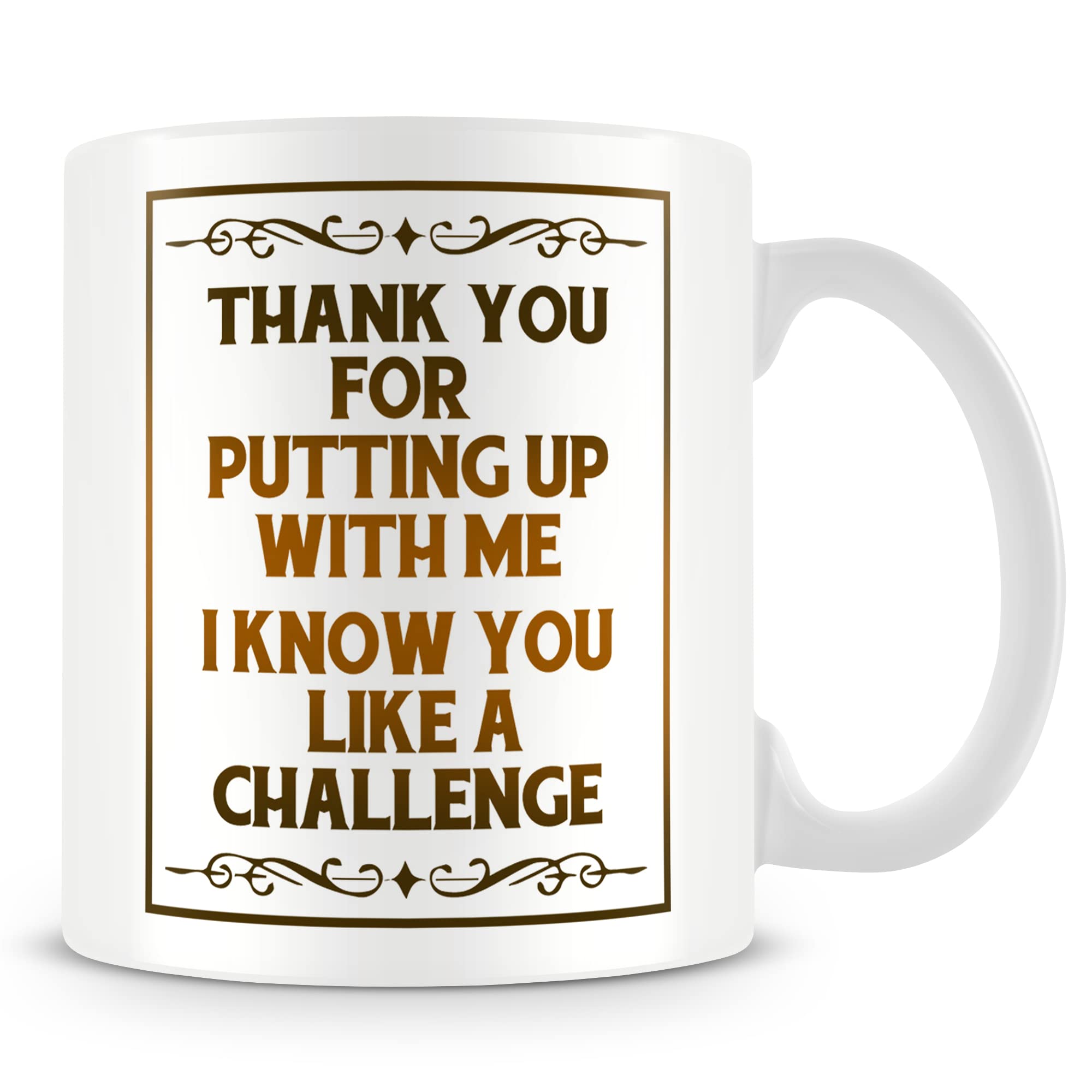 MUGGZ Mug Gift for Friend/Friendship - Thank You for Putting Up with Me. I Know You Like A Challenge. – Custom Funny Coffee Mug – Unique Gift for Friends & Family