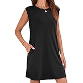 Wenrine Womens Summer Mini Dress Casual Loose Sleeveless Crewneck Slit Basic T Shirt Dresses with Pockets Black