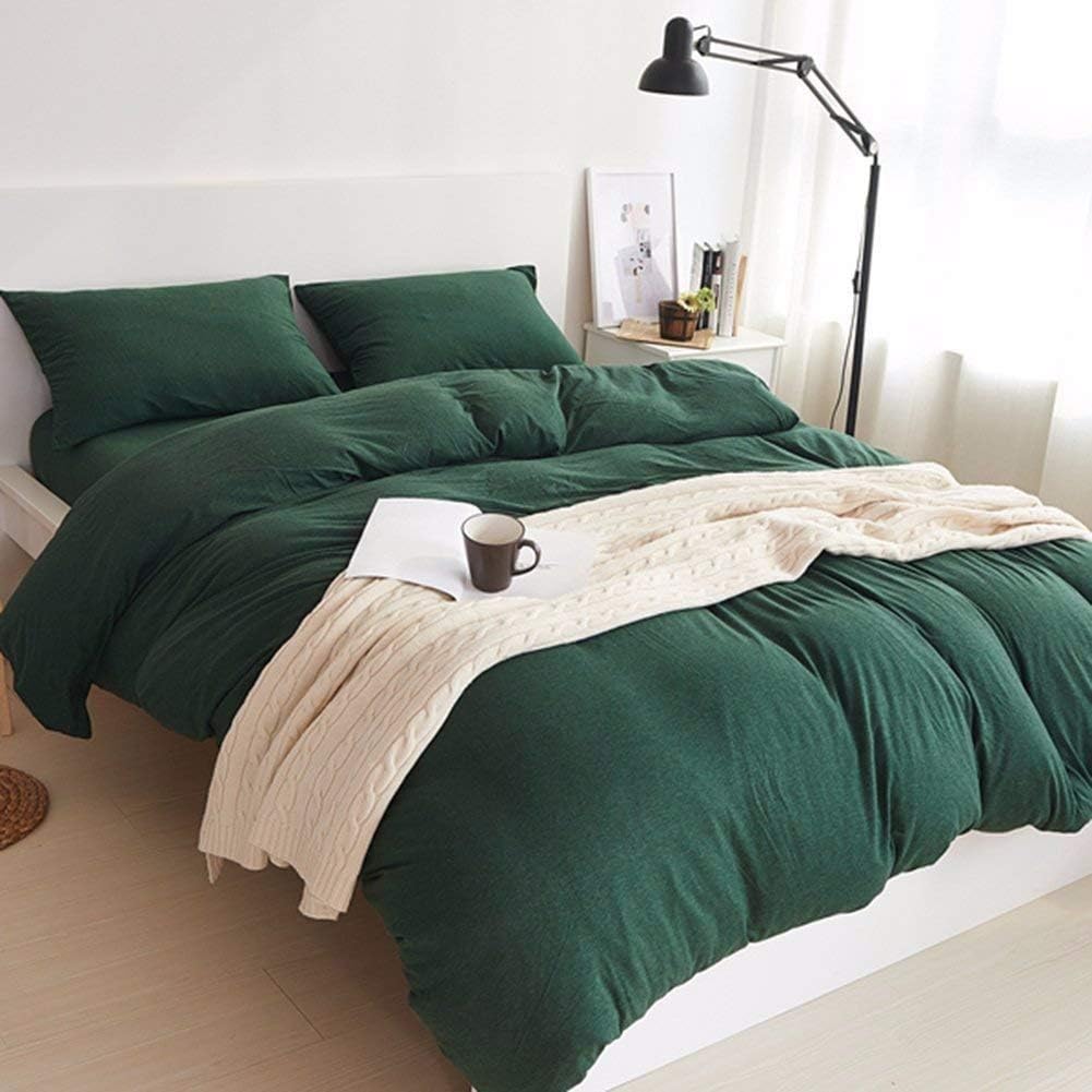 MisDress 4Pcs Jersey Cotton Duvet Cover Dark Green Quilt Cover Home