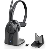 Wireless Headset with Mic for Work, Bluetooth Headset Noise Canceling Mic | Charging Base &amp; USB Dongle Included | One-Key Mute | Ideal for Home Office, Call Center, Trucker-Black
