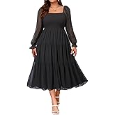 Pinup Fashion Plus Size Fall Dress - Bridal Shower Graduation Wedding Guest Boho Chiffon Smocked Midi Dresses