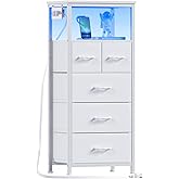 Furnulem Dresser for Bedroom, Tall Nightstand, Vertical Chest with Wood Top, Charging Station, LED Lights, 5 Fabric Bins, Bedside Table with Shelf, Furniture for Entryway (5 Drawer, White)