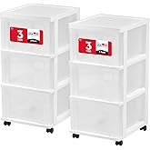 IRIS USA Plastic 3-Drawer Storage Organizer Rolling Cart, with Wheels Casters, 2-Pack, for Classroom Art Supplies Bathroom Dorm Bedroom Laundry Room, Slim Narrow, White/Clear