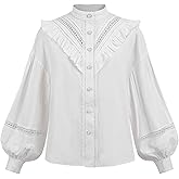 CR ROLECOS Women Victorian Blouse High Collar Lace Ruffled Shirt Tops