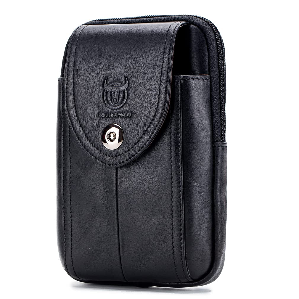 Hebetag Leather Phone Belt Holster Waist Case Bag for Men Travel Outdoor Camping Cell Phone Loop Hook Purse Wallet Holder Pouch Pack Black