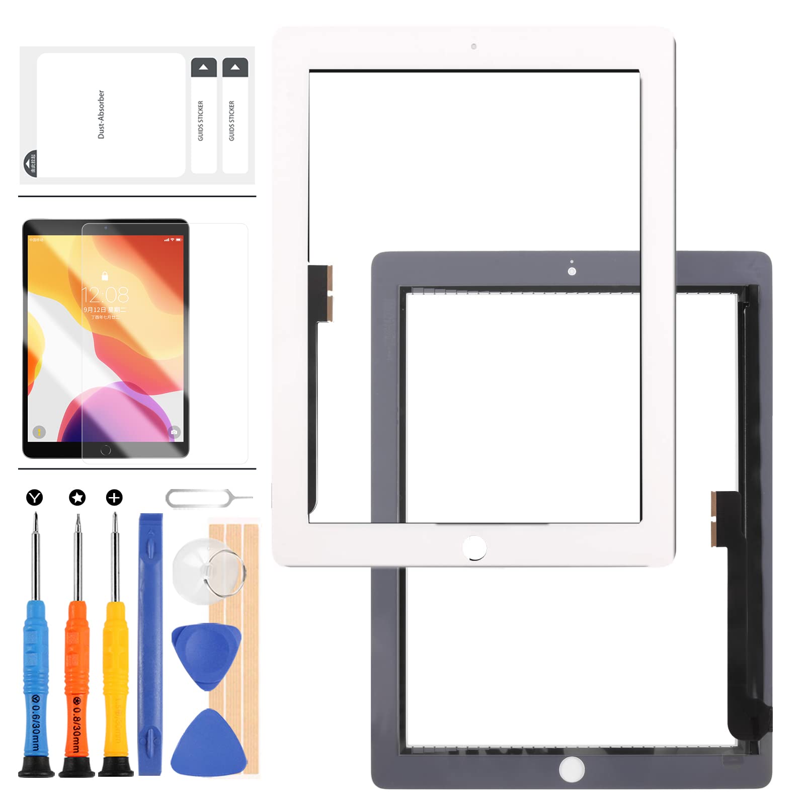 9.7 For iPAD 3 Screen Replacement 3rd A1416 A1430 A1403 For iPad 4 Touch Screen 4th Gen A1458 A1459 A1460 Digitizer Sensor Glass Panel Kits With Bezel (White)