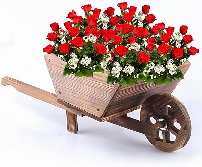 Denny International Burntwood Wooden Wheelbarrow Planter Fir Wood Rustic Wheel