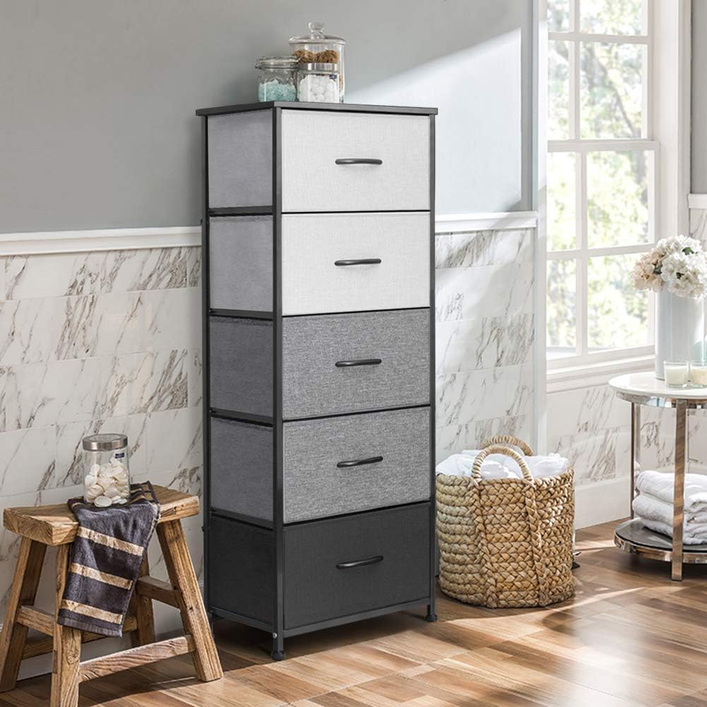 Crestlive Products Vertical Dresser Storage Tower - Sturdy Steel Frame, Wood Top, Easy Pull Fabric Bins, Wood Handles - Organizer Unit for Bedroom, Hallway, Entryway, Closets - 5 Drawers (Black&Gray): Home & Kitchen
