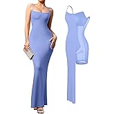 Popilush Formal Dresses for Women Maxi Black Dress Built in Bra Summer Shapewear Tummy Control Bodycon Spaghetti Strap Slip