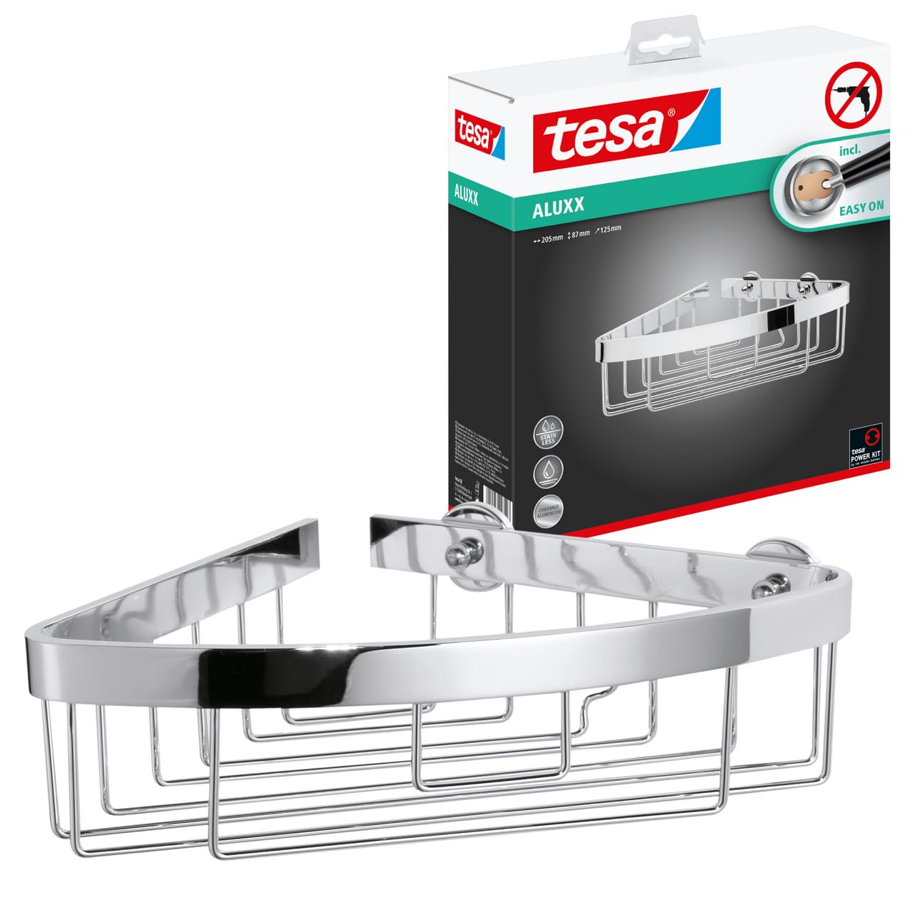 tesa Aluxx Corner Shower Basket, high Gloss Chromed Aluminum, self-Adhesive, Adhesive mounting Technology, 87mm x 205mm x 210mm