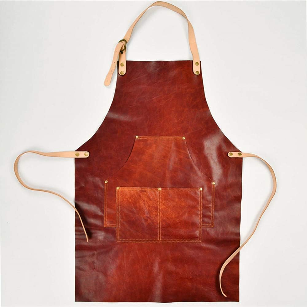 Brown Genuine Leather Chef Aprons Adjustable Leather Straps & Long Ties