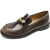 Women's Vintage Leather Flat Low Heel Penny Loafers Comfortable Round Toe Non-Slip Slip On Mori Girl JK Uniform Dress Shoes for School Wedding Birthday Party Prom