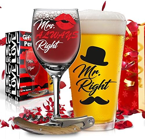Mr Right, Mrs Always Right - With FREE Bottle Opener - Funny Gift Glasses Set - Beer Glass and Wine Glass - Perfect for Wedding, Anniversary, Birthday - With Premium Gift Package For Unique Present