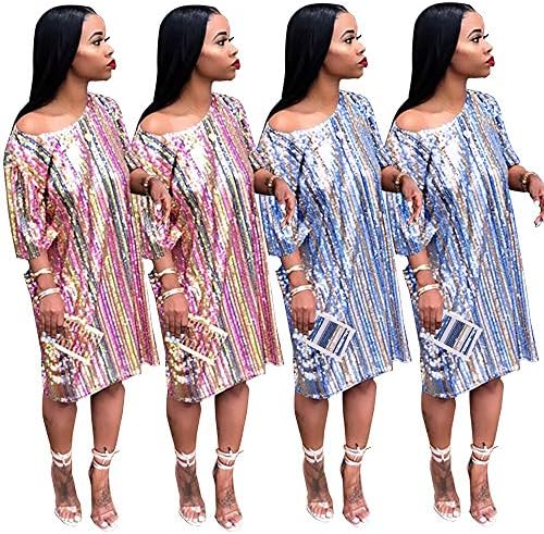 ONIEZZFOIR Sparkle Sequin Glitter Striped Rainbow Loose Dress for Women's Clubwear(XS-5XL)