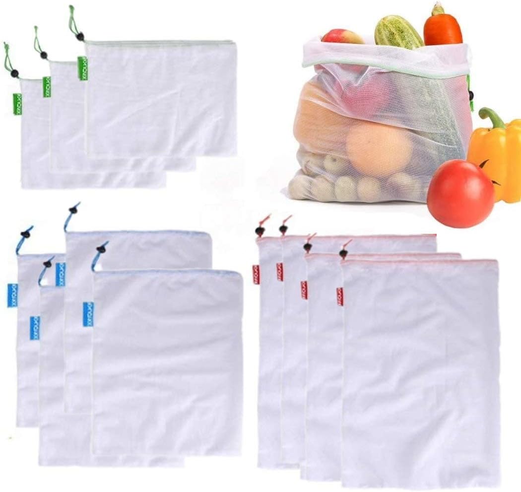 JZK 11 PCS Small Medium Large eco-Friendly Reusable Foldable mesh Drawstring Shopping Bags for Fruit and Vegetables Grocery Produce net Bags