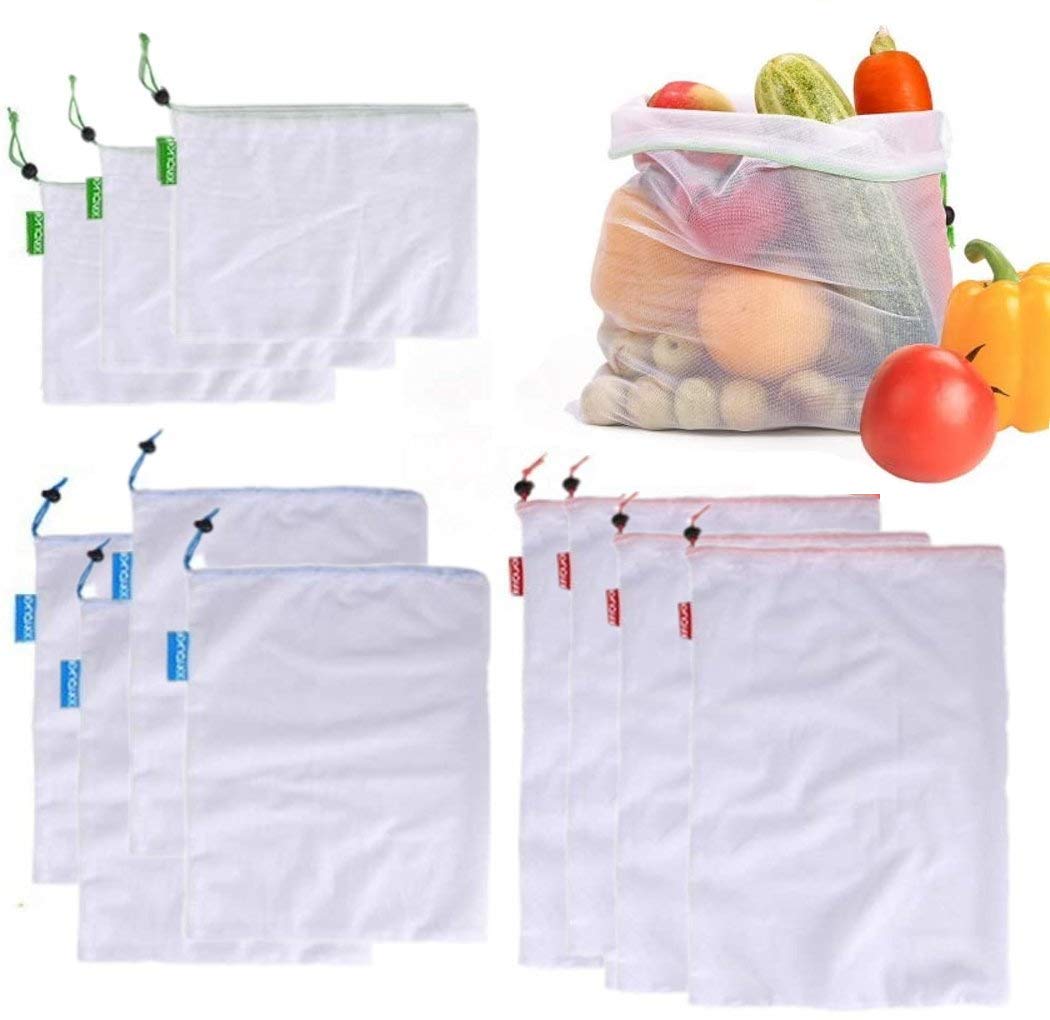 JZK 11 PCS Small Medium Large eco-Friendly Reusable Foldable mesh Drawstring Shopping Bags for Fruit and Vegetables, Grocery Produce net Bags