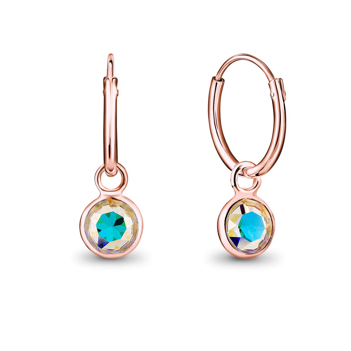 DTPsilver® 925 Sterling Silver Rose Gold Plated SMALL Hoops Earrings - Dangling 5 mm Round Glittering Crystals from Swarovski® Elements - Diameter 12 mm - Colour: Provence Lavender