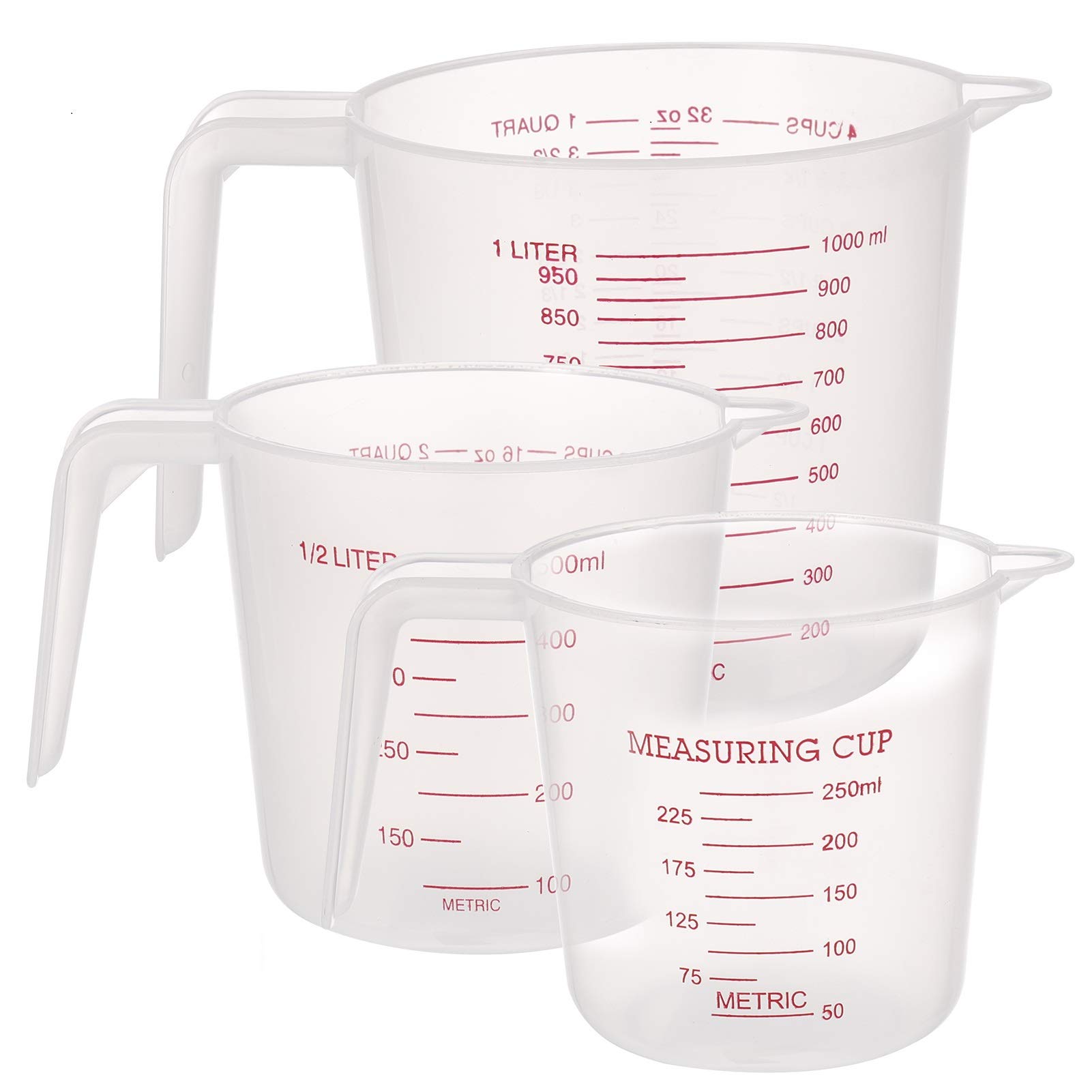 Firtink 3 Pcs Plastic Measuring Jug Baker Set, Plastic Jug Measuring Cup with Handle, 250ML/500ML/1000ML Measuring Jugs for Baker Kitchen, Clear&Easy to Read Measurements - No Dishwasher
