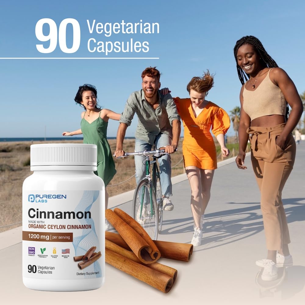 Puregen Labs Organic Cinnamon (Ceylon Cinnamon) 1,200mg Serving 90 Veggie Caps - No Harmful Additives | Non-GMO | Gluten-Free – Made in USA